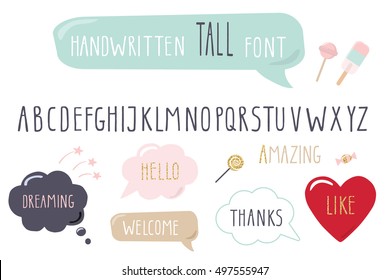 Hand Drawn Narrow Font. Tall Alphabet. Doodle Hand Written Thin Letters. Hipster Style. Speech Bubbles With Sample Words. Pastel Colors And Glitter.