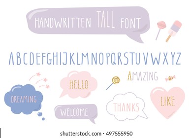 Hand Drawn Narrow Font. Tall Alphabet. Doodle Hand Written Thin Letters. Hipster Style. Speech Bubbles With Sample Words. Pastel Colors And Glitter.