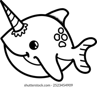 Narwhal desenhado à mão em preto e branco