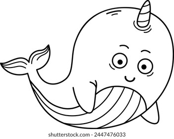 Hand drawn narwhal character illustration, vector