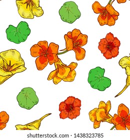 Hand drawn Nasturtium colorful seamless pattern. Vintage Garden nasturtium flower pattern. Stylish color floral vector illustration. Endless texture. Botanical background