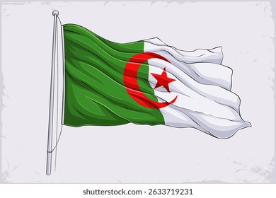Hand drawn national Algerian flag flying in the air, waving Algeria flag with metallic pole isolated on white background