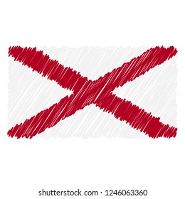 Hand Drawn National Flag Of Alabama Isolated On A White Background. Vector Sketch Style Illustration. Unique Pattern Design For Brochures, Printed Materials, Logos, Independence Day