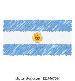 Hand Drawn National Flag Of Argentina Isolated On A White Background. Vector Sketch Style Illustration. Unique Pattern Design For Brochures, Printed Materials, Logos, Independence Day