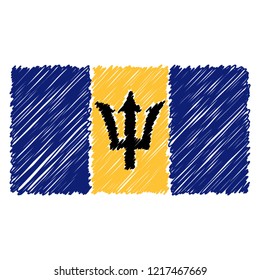 Hand Drawn National Flag Of Barbados Isolated On A White Background. Vector Sketch Style Illustration. Unique Pattern Design For Brochures, Printed Materials, Logos, Independence Day