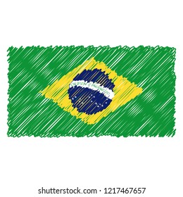 Hand Drawn National Flag Of Brasil Isolated On A White Background. Vector Sketch Style Illustration. Unique Pattern Design For Brochures, Printed Materials, Logos, Independence Day