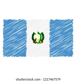 Hand Drawn National Flag Of Guatemala Isolated On A White Background. Vector Sketch Style Illustration. Unique Pattern Design For Brochures, Printed Materials, Logos, Independence Day