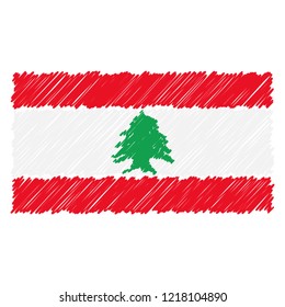 Hand Drawn National Flag Of Lebanon Isolated On A White Background. Vector Sketch Style Illustration. Unique Pattern Design For Brochures, Printed Materials, Logos, Independence Day