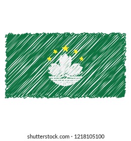Hand Drawn National Flag Of Macau Isolated On A White Background. Vector Sketch Style Illustration. Unique Pattern Design For Brochures, Printed Materials, Logos, Independence Day