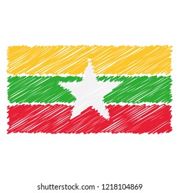 Hand Drawn National Flag Of Myanmar Isolated On A White Background. Vector Sketch Style Illustration. Unique Pattern Design For Brochures, Printed Materials, Logos, Independence Day