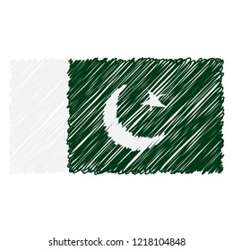 Hand Drawn National Flag Of Pakistan Isolated On A White Background. Vector Sketch Style Illustration. Unique Pattern Design For Brochures, Printed Materials, Logos, Independence Day