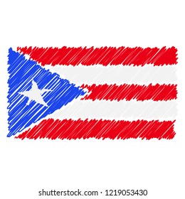 Hand Drawn National Flag Of Puerto Rico Isolated On A White Background. Vector Sketch Style Illustration. Unique Pattern Design For Brochures, Printed Materials, Logos, Independence Day
