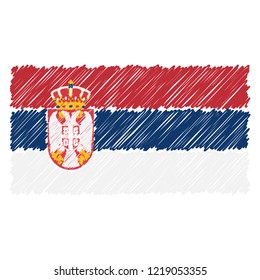 Hand Drawn National Flag Of Serbia Isolated On A White Background. Vector Sketch Style Illustration. Unique Pattern Design For Brochures, Printed Materials, Logos, Independence Day