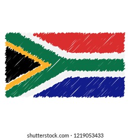 Hand Drawn National Flag Of South Africa Isolated On A White Background. Vector Sketch Style Illustration. Unique Pattern Design For Brochures, Printed Materials, Logos, Independence Day