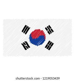 Hand Drawn National Flag Of South Corea Isolated On A White Background. Vector Sketch Style Illustration. Unique Pattern Design For Brochures, Printed Materials, Logos, Independence Day