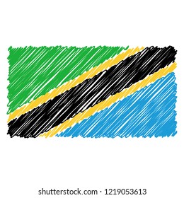 Hand Drawn National Flag Of Tanzania Isolated On A White Background. Vector Sketch Style Illustration. Unique Pattern Design For Brochures, Printed Materials, Logos, Independence Day
