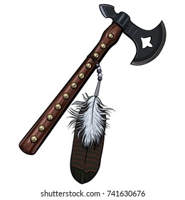 Hand drawn native american axe vector illustration. American indian tomahawk with feather.