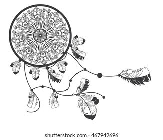 Hand drawn native american dreamcatcher with feathers. Vector illustration isolated on white. Eps 10. Design element