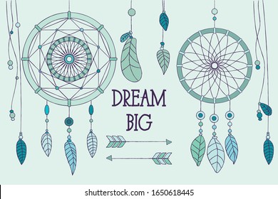 Hand drawn native american feathers, dream catcher, beads and arrows, vector illustration