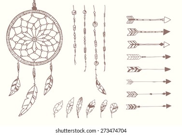 Hand drawn native american feathers, dream catcher, beads and arrows, vector illustration