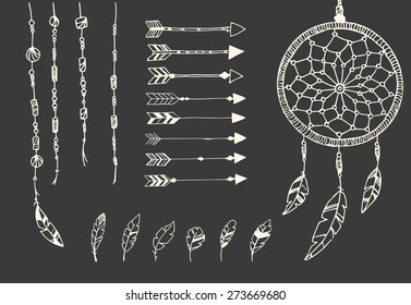 Hand drawn native american feathers, dream catcher, beads and arrows, vector illustration