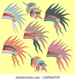 Hand Drawn Native American Indian Headdress. Color Illustration Of Indian Tribal Chief Feather Hat