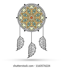  Hand drawn native American Indian symbol talisman dream catcher with doodle feathers and mandala moon, sketch lined, colored icon. Logo design for business branding and web. Tribal ethnic, boho sign