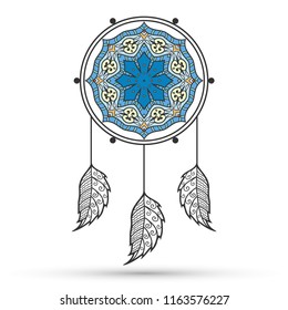  Hand drawn native American Indian symbol talisman dream catcher with doodle feathers and mandala moon, sketch lined, colored icon. Logo design for business branding and web. Tribal ethnic, boho sign