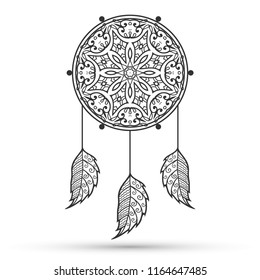  Hand drawn native American Indian symbol talisman dream catcher with doodle feathers and mandala moon, sketch lined, black icon. Logo design for business branding and web. Tribal ethnic, boho sign