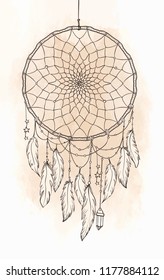 Hand drawn Native American Indian talisman dreamcatcher with feathers and moon. Vector hipster illustration isolated on white. Ethnic design, boho chic, tribal symbol. 