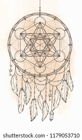 Hand drawn Native American Indian talisman dreamcatcher with feathers and moon. Vector hipster illustration isolated on white. Ethnic design, boho chic, tribal symbol. 