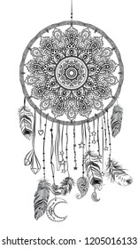 Hand drawn Native American Indian talisman dreamcatcher with feathers and moon. Vector hipster illustration isolated on white. Ethnic design, boho chic, tribal symbol. Colouring book for adults.