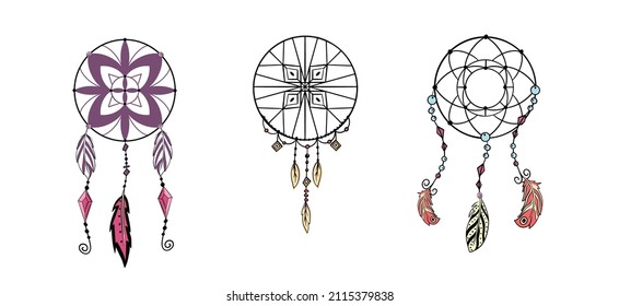 Hand drawn Native American Indian talisman dreamcatcher with feathers and moon. Ethnic design, boho chic, tribal symbol. Vector ethnic print design with dreamcatcher.