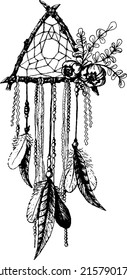 Hand drawn Native American Indian Boho Style Inspired Dreamcather, Black, with Flowers and Feathers