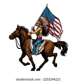 Hand drawn Native American indian chief ride horse and hold the USA flag