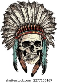 Hand Drawn Native American Indian Headdress With Human Skull, Vector Color Illustration Of Indian Tribal Chief Feather Hat And Skull, war bonnet, watercolor, boho