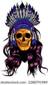 Hand Drawn Native American Indian Headdress With Human Skull. Vector Color Illustration on white background