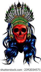 Hand Drawn Native American Indian Headdress With Human Skull. Vector Color Illustration Of Indian Tribal Chief Feather Hat And Skull