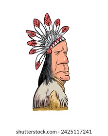Hand drawn native american indian chief man headwear. pen ink illustrations