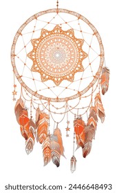 Hand drawn Native American Indian talisman dreamcatcher with feathers and moon. Vector hipster illustration isolated on dark blue. Ethnic design, boho chic, tribal symbol. Coloring book for adults.
