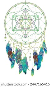Hand drawn Native American Indian talisman dreamcatcher with feathers and moon. Vector hipster illustration isolated on dark blue. Ethnic design, boho chic, tribal symbol. Coloring book for adults.