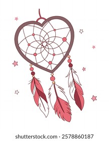 Hand drawn Native American Indian talisman dreamcatcher heart with feathers. Vector hipster illustration isolated on white. Ethnic design, boho chic, tribal symbol.
