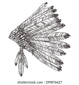 Hand Drawn Native American Indian Headdress In Profile. Vector Monochrome Illustration Of Indian Tribal Chief Feather Hat Side View