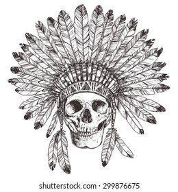 Hand Drawn Native American Indian Headdress With Human Skull. Vector Monochrome Illustration Of Indian Tribal Chief Feather Hat And Skull