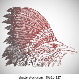 Hand Drawn Native American Indian Headdress. Crown in Indian chief feather hat.
