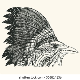 Hand Drawn Native American Indian Headdress. Crown in Indian chief feather hat.