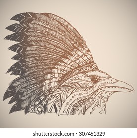 Hand Drawn Native American Indian Headdress. Crown in Indian chief feather hat.
