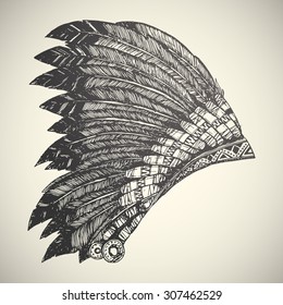 Hand Drawn Native American Indian Headdress.