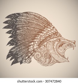 Hand Drawn Native American Indian Headdress. Bear in Indian chief feather hat.