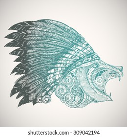 Hand Drawn Native American Indian Headdress. Bear in Indian chief feather hat.
